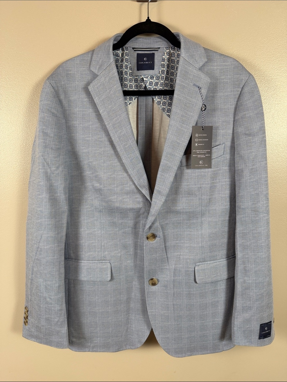 Con.struct 42R Blue/ Tan Windowpane Men's Blazer